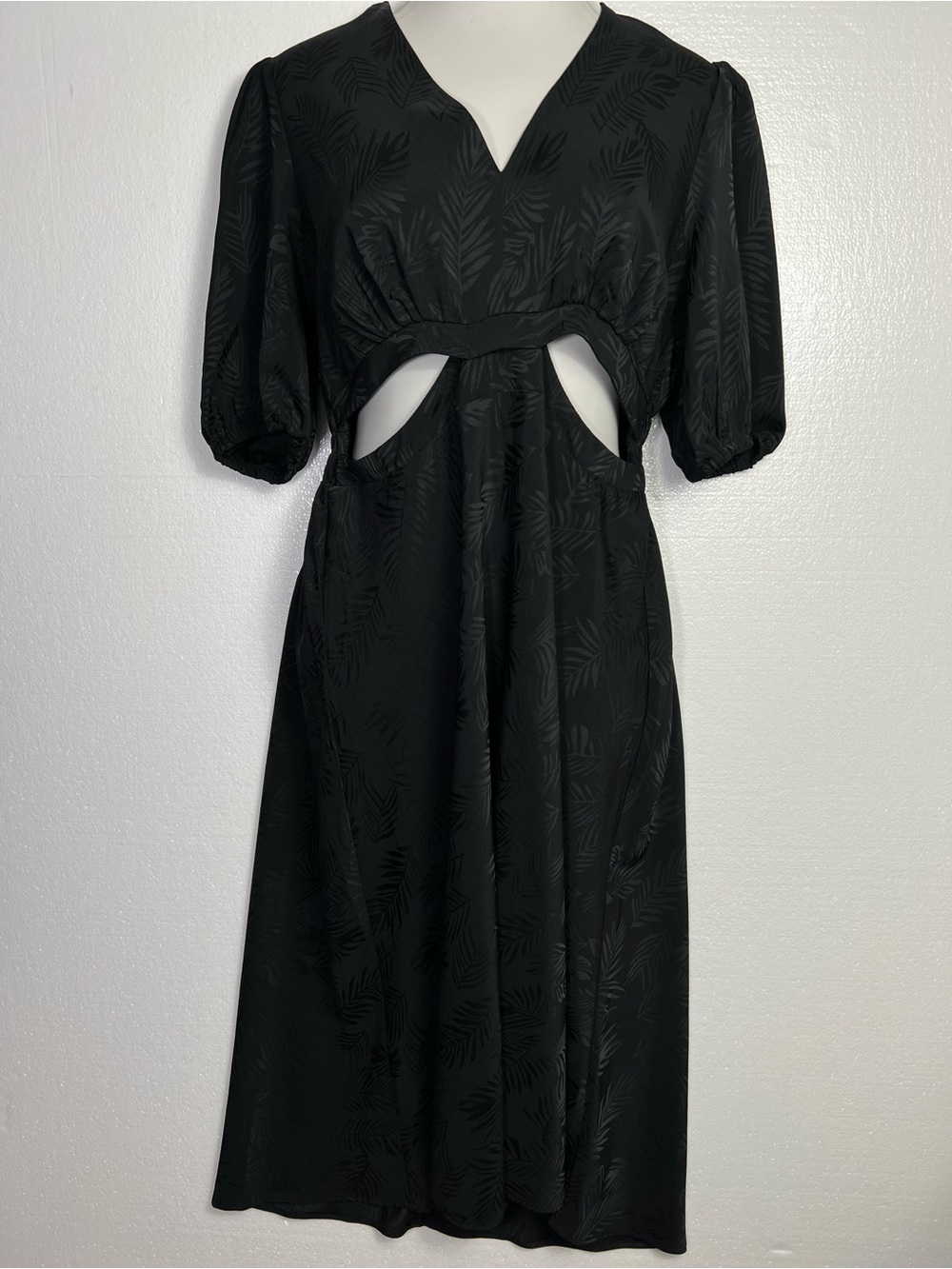 Sofia Vergara Black Cutout Waist Puff Sleeve Midi Dress Size L NWT